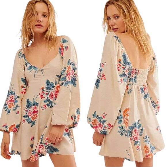 Free People Dresses & Skirts - Free People Francesca Floral Print Mini Dress Women's Medium Warm Ivory Boho NWT